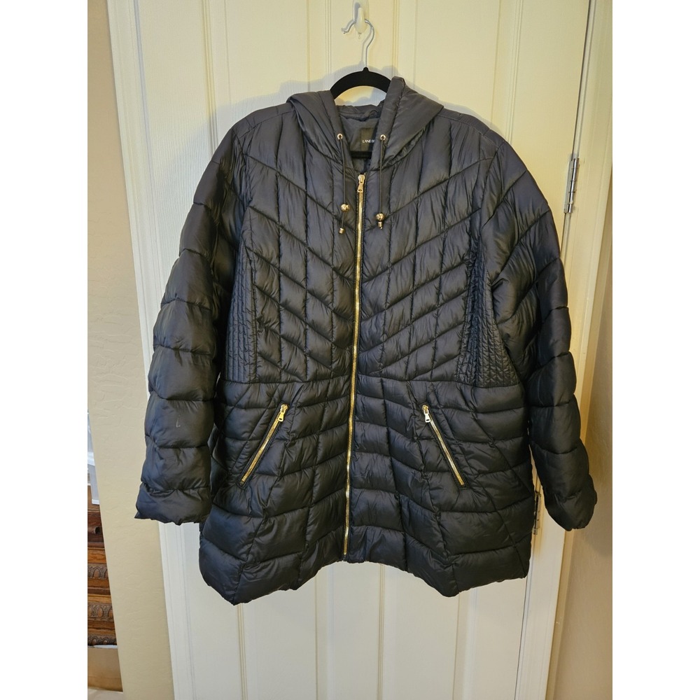 Lane Bryant Black Packable Hooded Puffer Jacket Chevron Pattern Gold Hardware 28